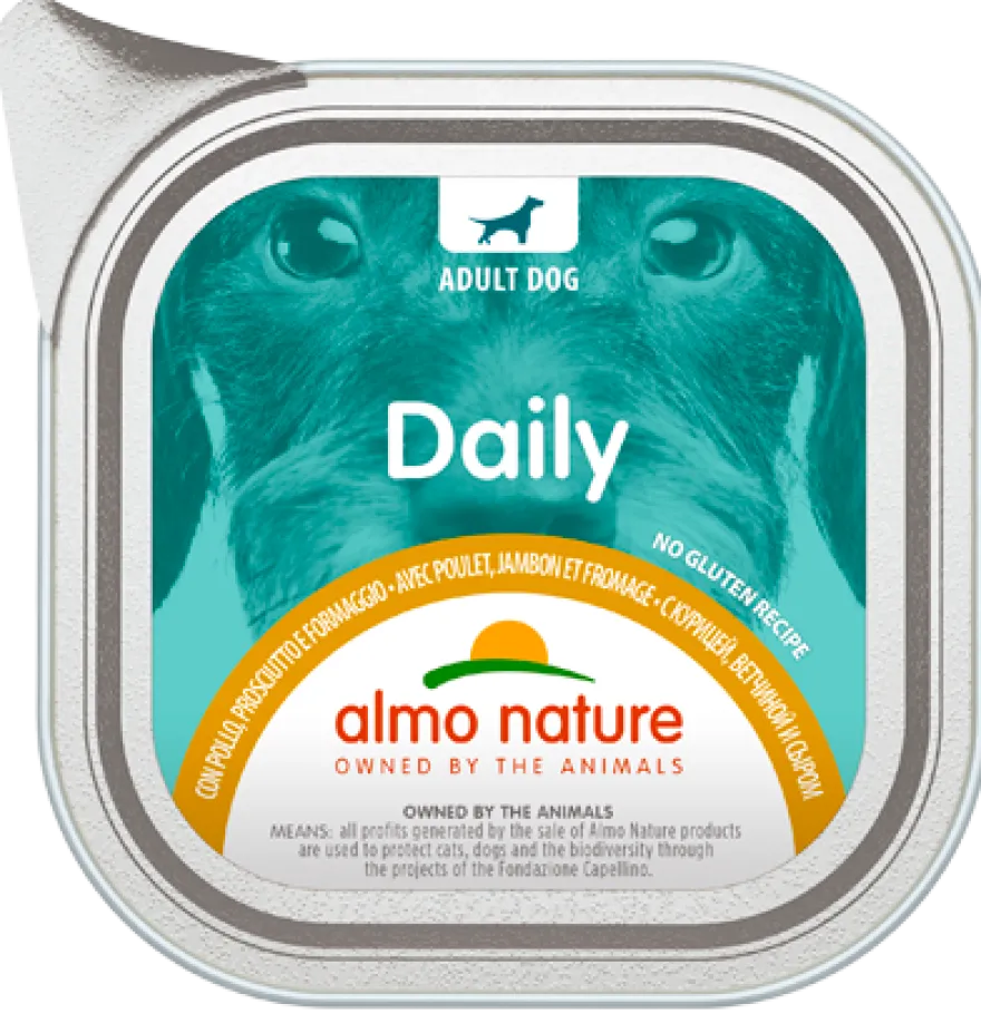 Almo Nature Daily Menù Cibo Umido Pollo/Prosciutto/Formaggio Per Cani Adulti Vaschetta 100g