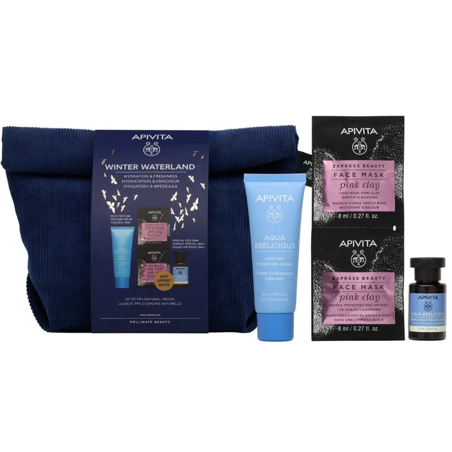 Apivita Cofanetto Aqua Beelicious Crema Comfort Idratante 40ml+Tonico Idratante 20ml+Maschera Argilla Rosa 2x8ml