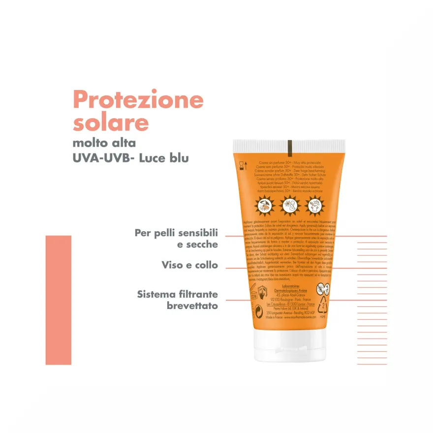 Avène Crema Senza Profumo SPF 50+ Solare Viso 50ml Protezione