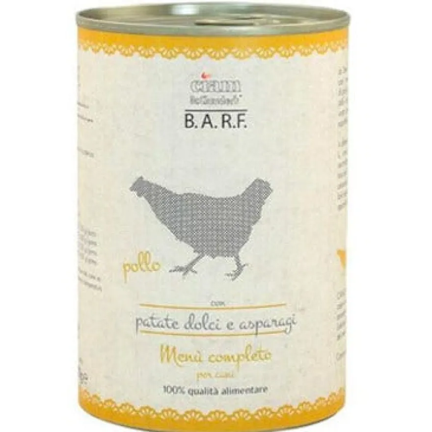 Barf Menu Completo Cibo Umido Trito Di Pollo Con Patate Dolci E Asparagi Per Cani Lattina 400g