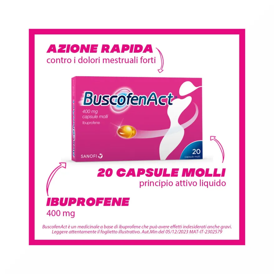 BuscofenAct 400 mg Con Ibuprofene Analgesico Contro Dolori Forti Da Ciclo 20 Capsule Molli
