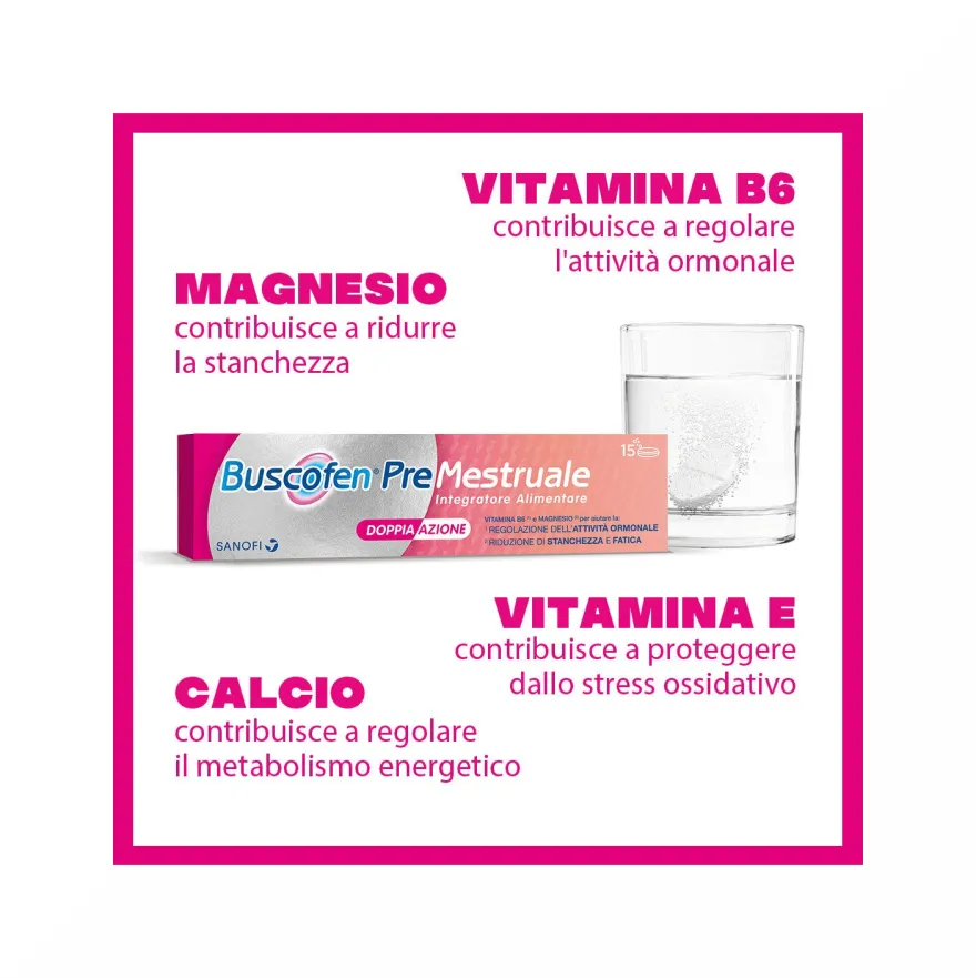 Buscofen Premestruale Integratore Alimentare, Magnesio, Vitamina B6, Vitamina E e Calcio, 15 Compresse Effervescenti