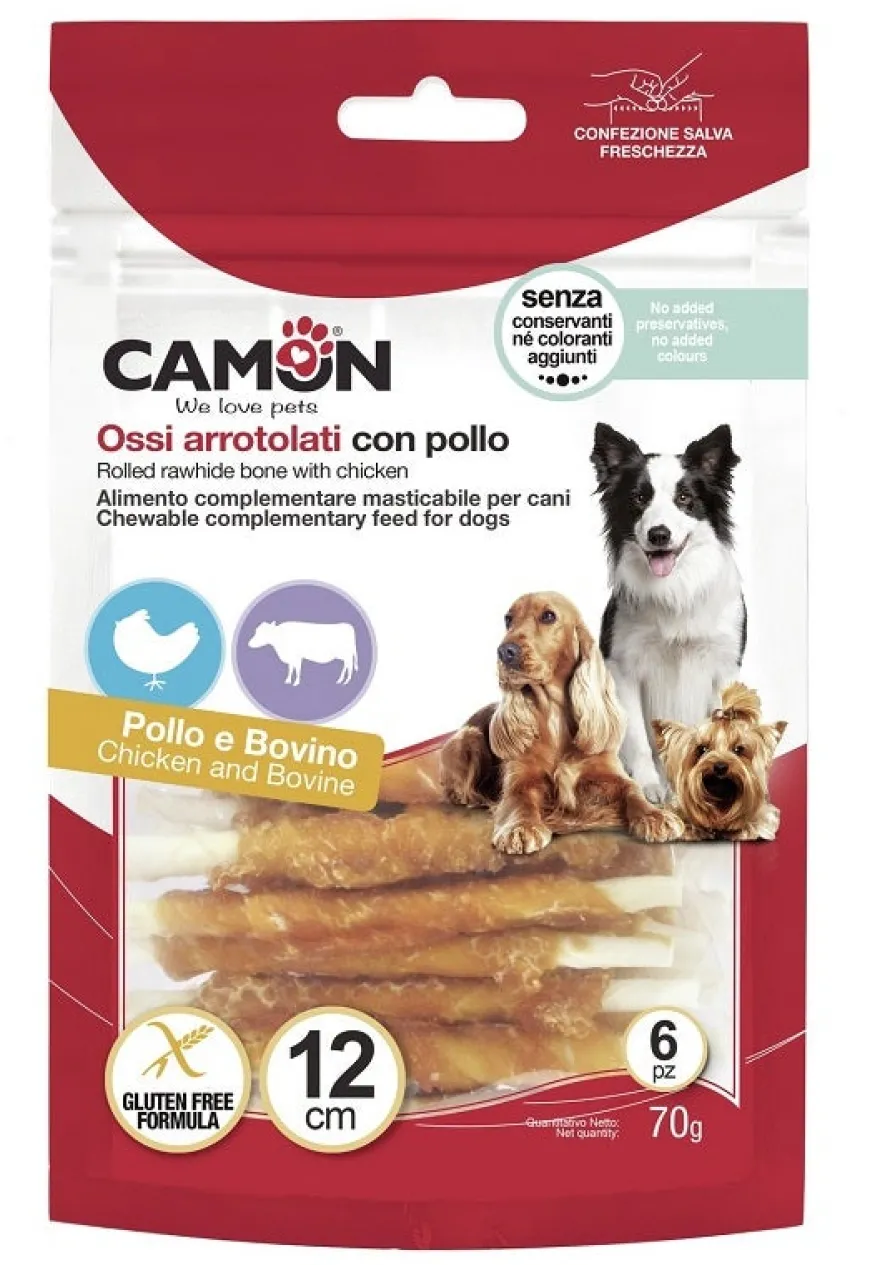 Camon Rolls Di Pelle Bovina Con Pollo Per Cani 17cm 140g 3 Pezzi