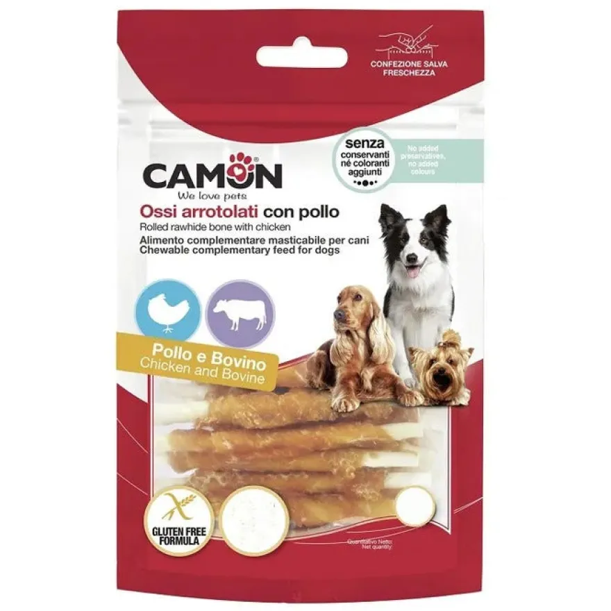 Camon Rolls di Pelle Bovina con Pollo Per Cani 345g