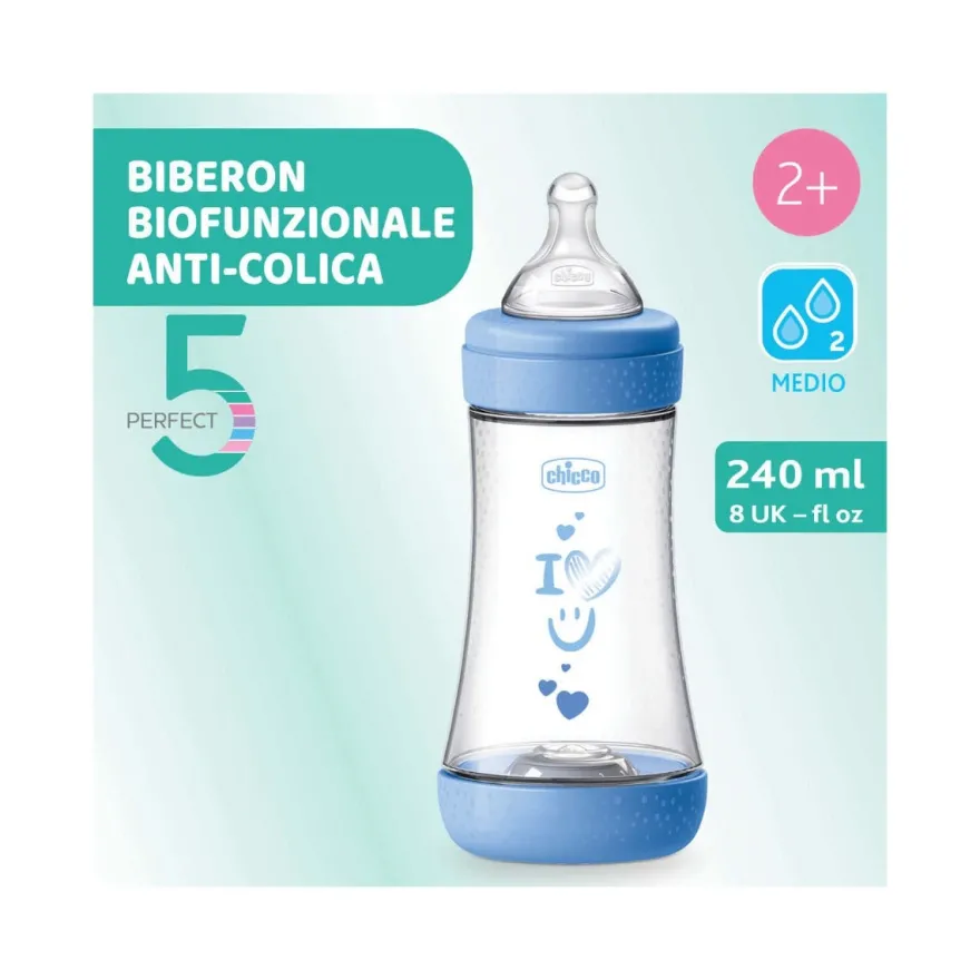 Chicco Biberon Neonato Perfect 5 Biberon Azzurro Flusso Medio 240 ml 2Mesi+