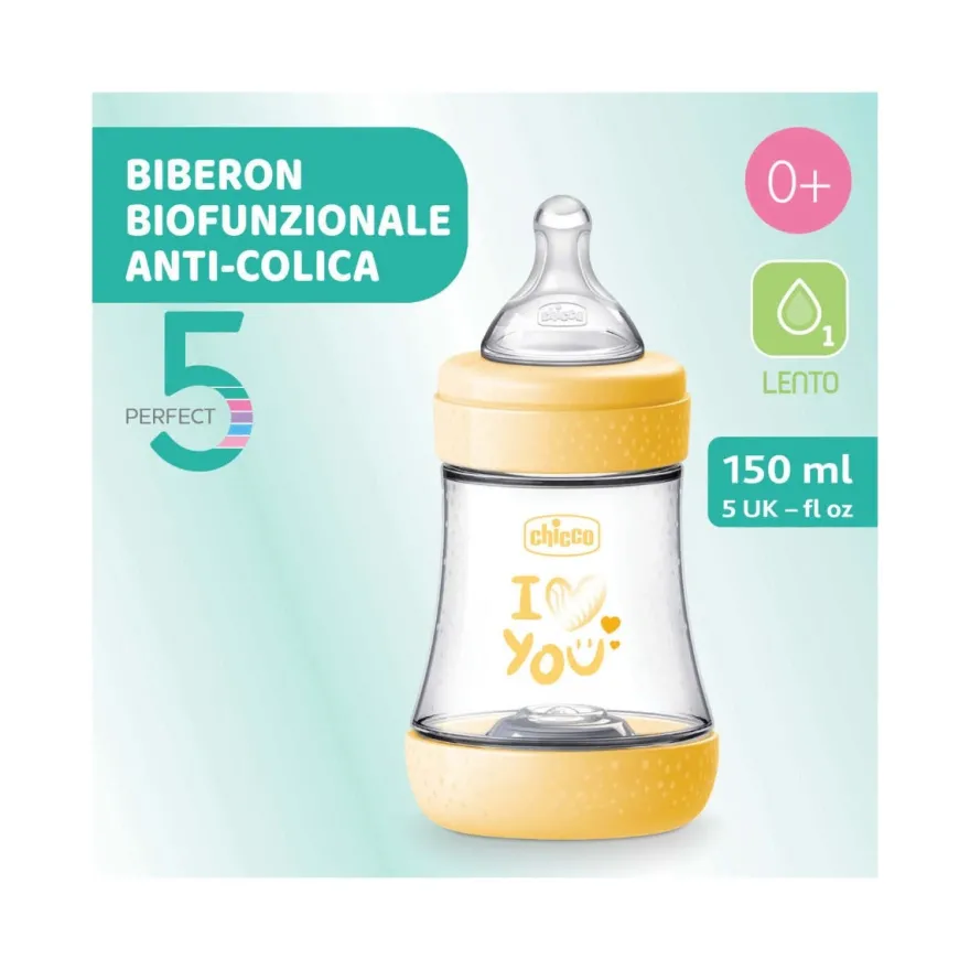 Chicco Biberon Neonato Perfect 5 Biberon Giallo Flusso Lento 150 ml 0Mesi+