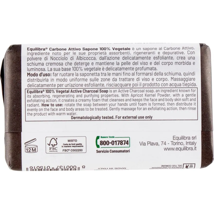 Equilibra Carbone Attivo Sapone 100% Vegetale Viso E Corpo 100g