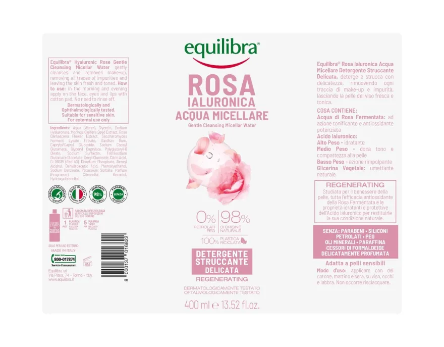 Equilibra Rosa Ialuronica Acqua Micellare Detergente/Struccante Delicata 400ml
