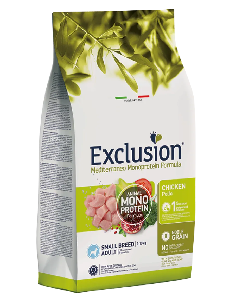 Exclusion Mediterraneo Monoprotein Formula Noble Grain Cibo Secco Con Pollo Cani Adulti Taglia Small Sacco 2kg
