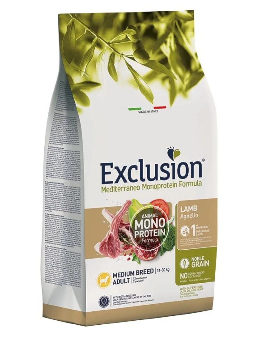 Exclusion Mediterraneo Monoprotein Formula Noble Grain Lamb Crocchette Con Agnello Per Cani Adulti Taglia Media Sacco 12kg