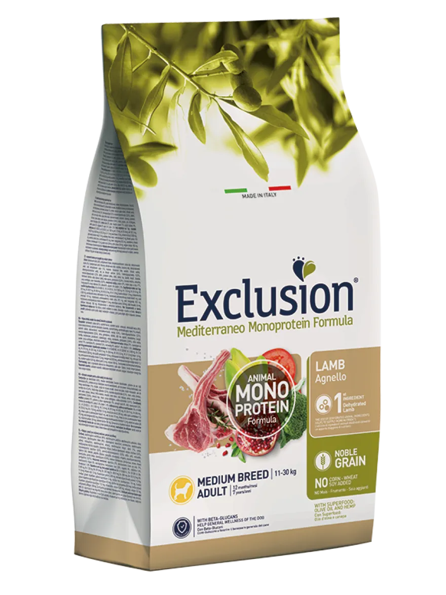 Exclusion Mediterraneo Monoprotein Formula Noble Grain Lamb Crocchette Con Agnello Per Cani Adulti Taglia Media Sacco 3kg