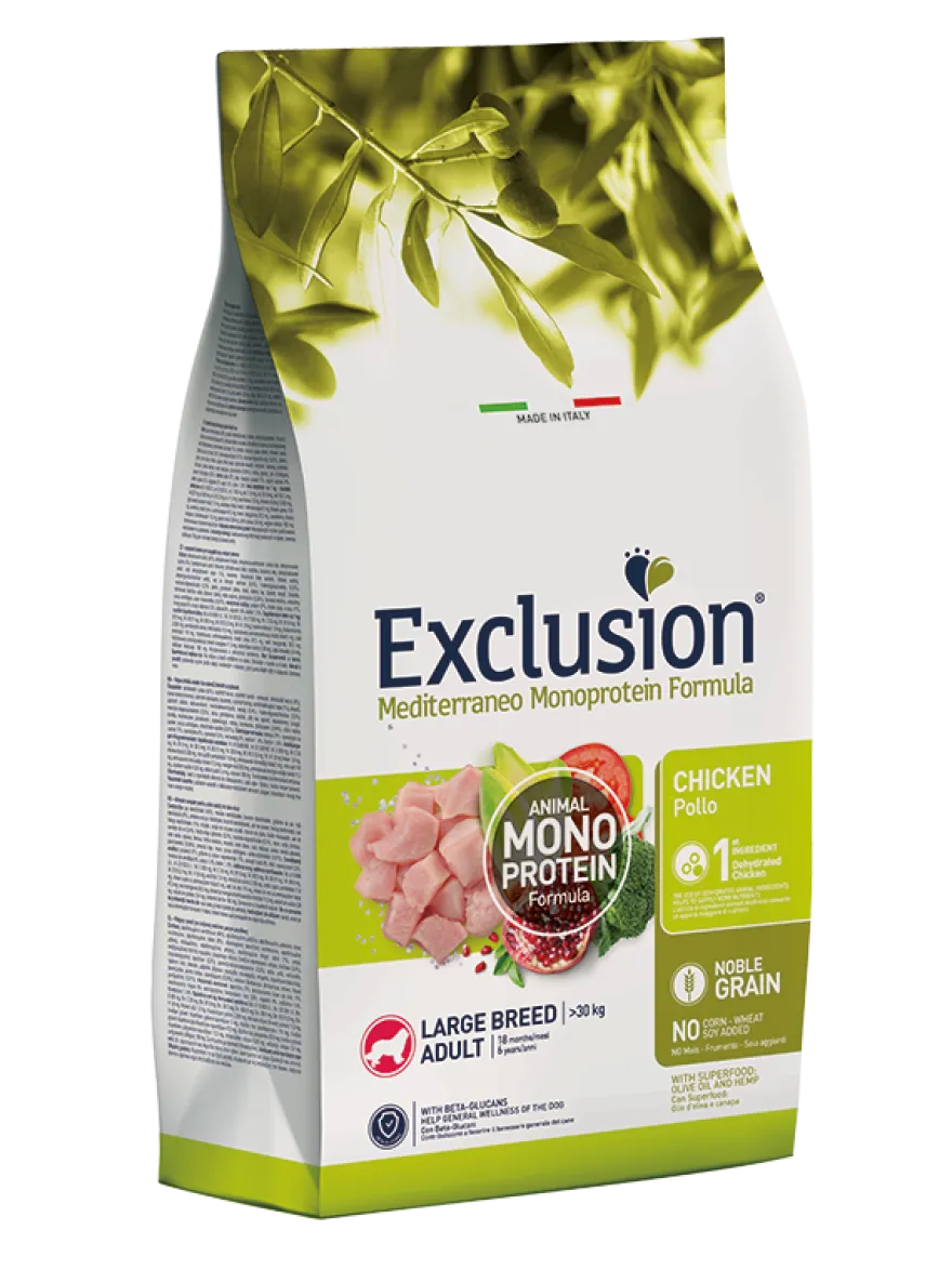Exclusion Mediterraneo Monoprotein Noble Grain Crocchette Pollo Per Cani Adulti Taglia Grande Sacco 12kg