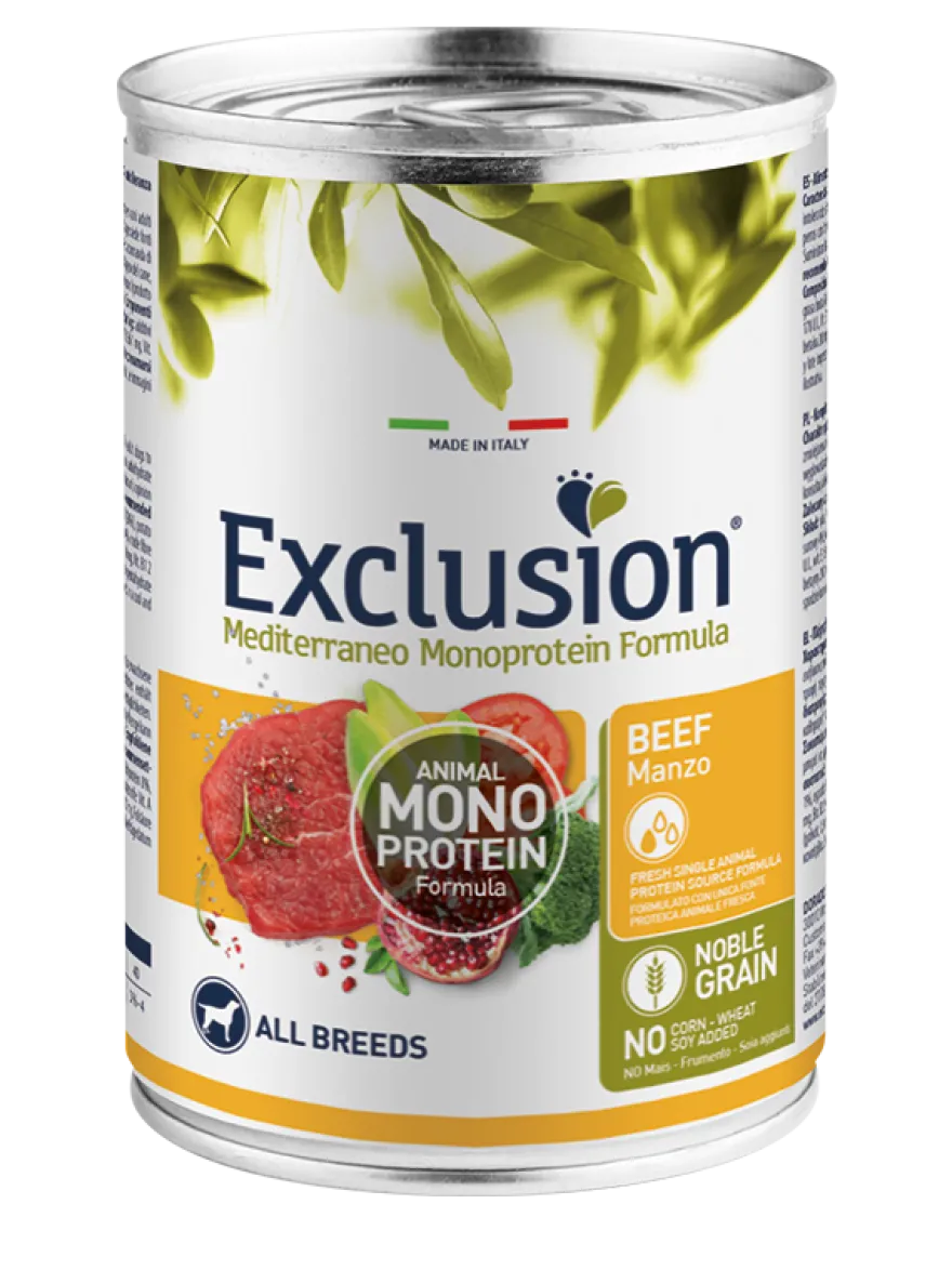 Exclusion Mediterraneo Monoprotein Noble Grain Umido Al Manzo Per Cani Lattina 400gr