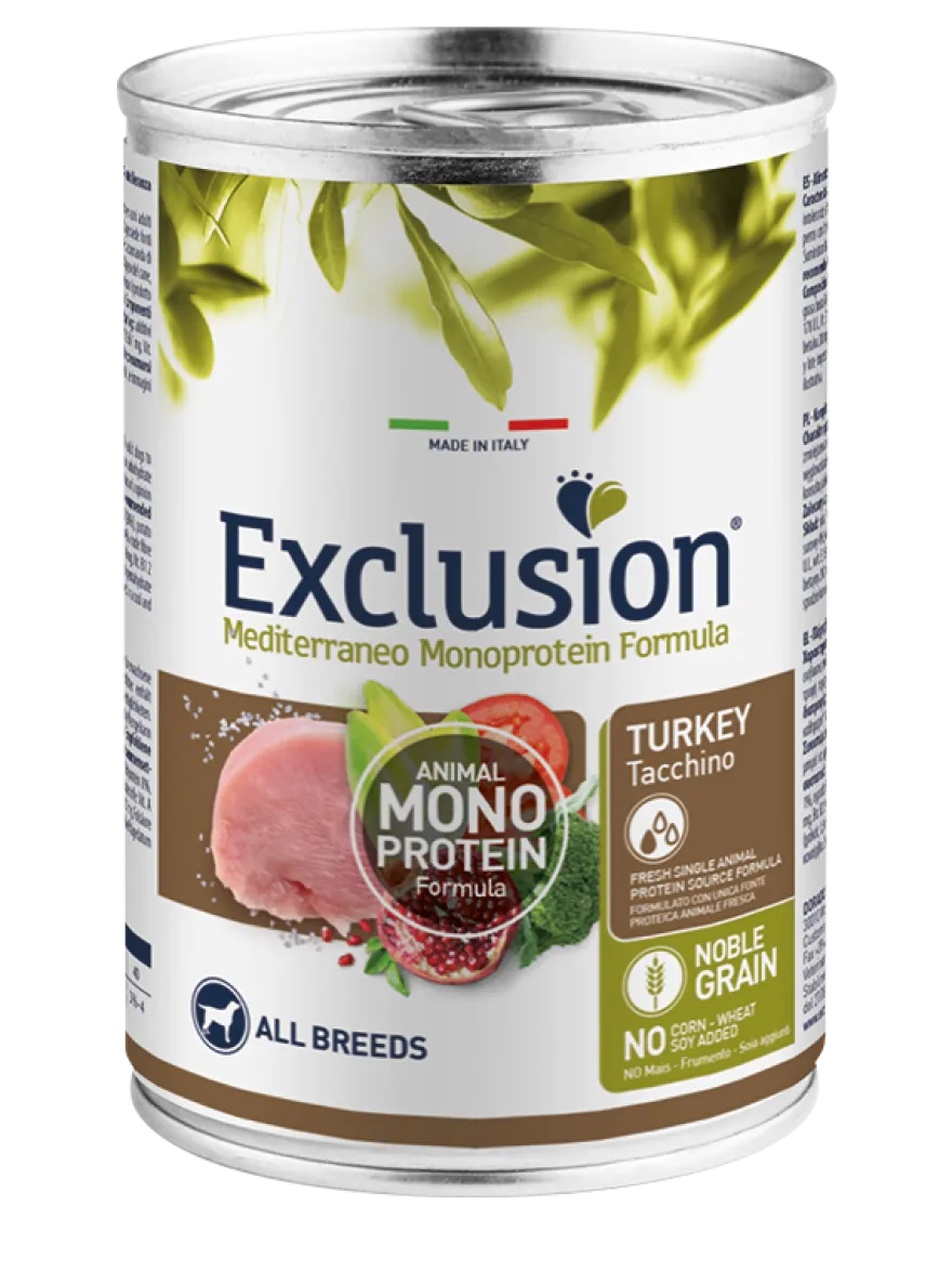 Exclusion Mediterraneo Monoprotein Noble Grain Umido Al Tacchino Per Cani Lattina 400gr