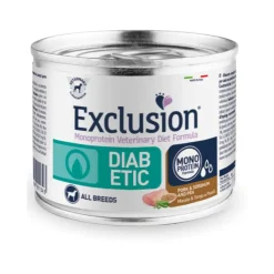 Exclusion Monoprotein Veterinary Diet Formula Diabetic Umido Suino/Sorgo/Piselli Per Cani Adulti 200g