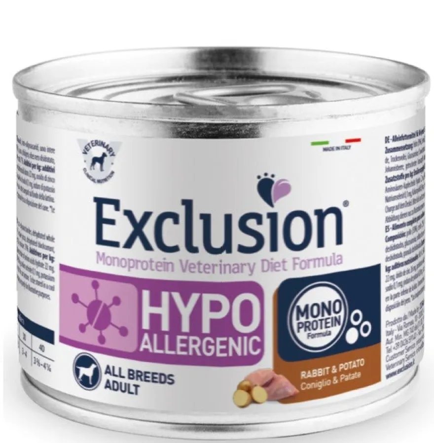 Exclusion Monoprotein Veterinary Diet Formula Hypoallergenic Cibo Umido Coniglio/Patate Lattina 200g