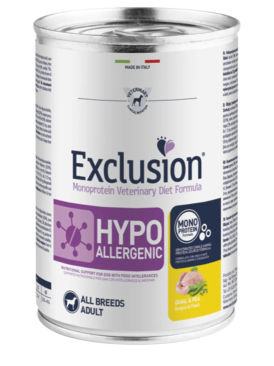 Exclusion Monoprotein Veterinary Diet Formula Hypoallergenic Umido Quaglia/Piselli Per Cani Adulti Lattina 400g