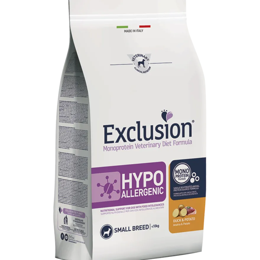 Exclusion Monoprotein Veterinary Diet Formula Hypoallergenic Crocchette Anatra/Patate Per Cani Taglia Piccola Sacco 2kg