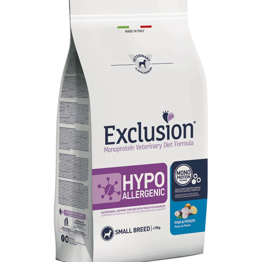 Exclusion Monoprotein Veterinary Diet Formula Hypoallergenic Crocchette Pesce/Patate Per Cani Taglia Piccola Sacco 2kg