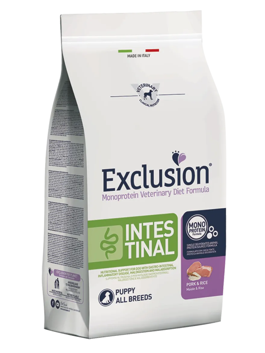 Exclusion Monoprotein Veterinary Diet Formula Intestinal Crocchette Suino/Riso Per Cuccioli Sacco 800g
