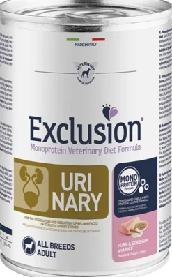 Exclusion Monoprotein Veterinary Diet Formula Urinary Cibo Umido Sorgo/Suino/Riso Per Cani 400g