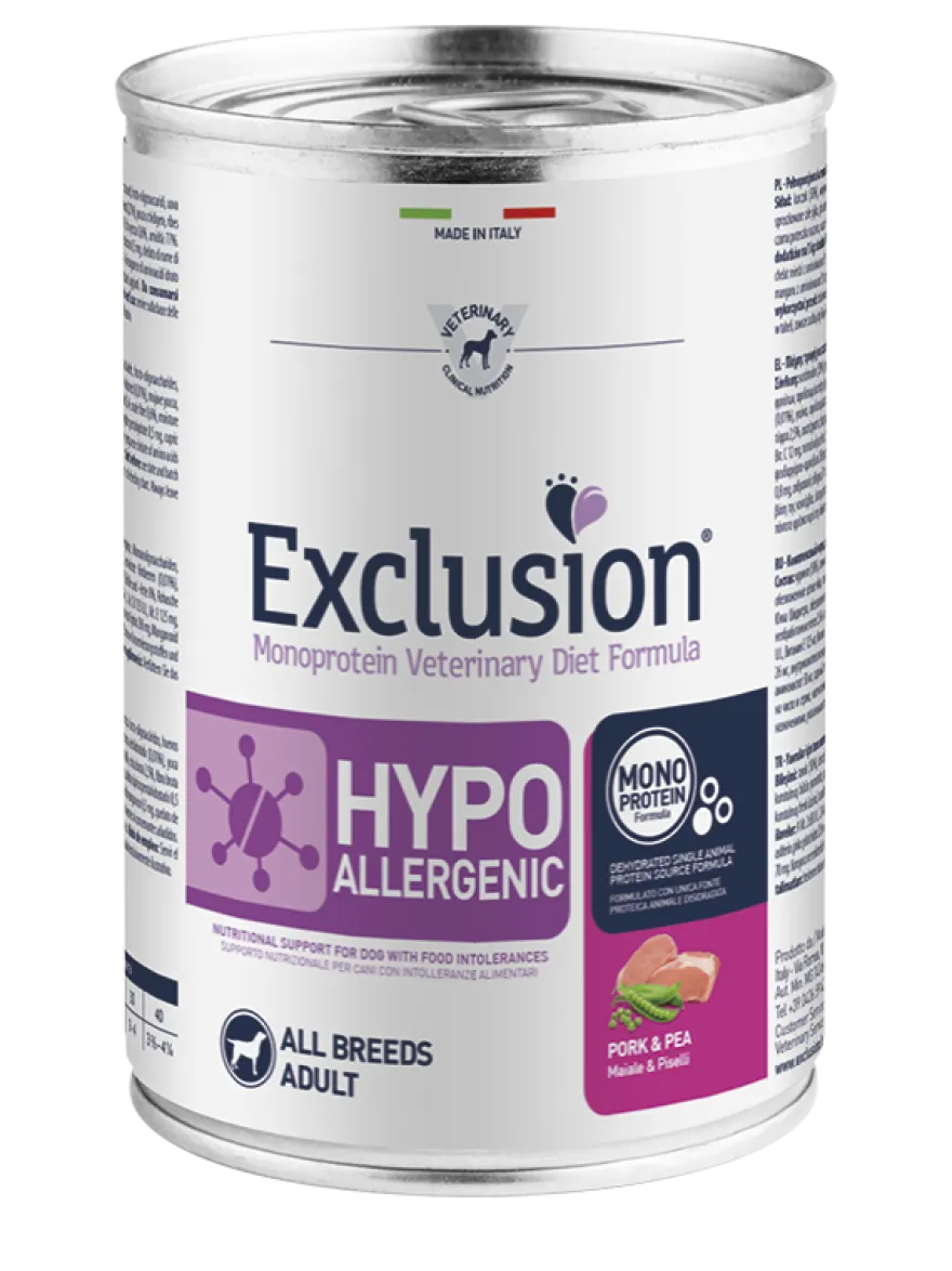 Exclusion Veterinary Diet Formula Hypoallergenic Per Cani Maiale/Piselli Lattina 400g