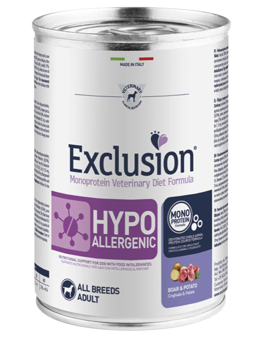 Exclusion Veterinary Diet Formula Hypoallergenic Per Cani Cinghiale/Patate Lattina 400gr