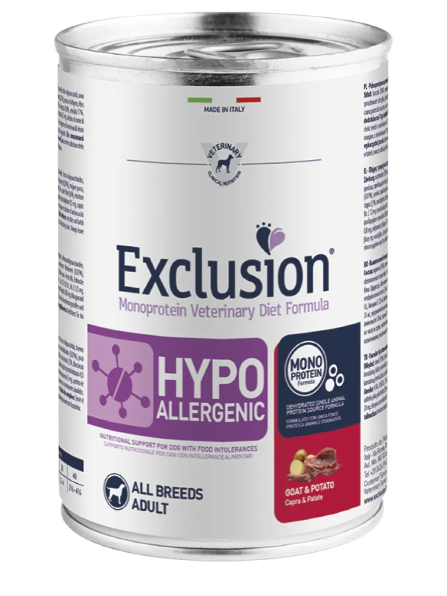 Exclusion Veterinary Diet Formula Per Cani Hypoallergenic Capra E Patate Lattina 400gr