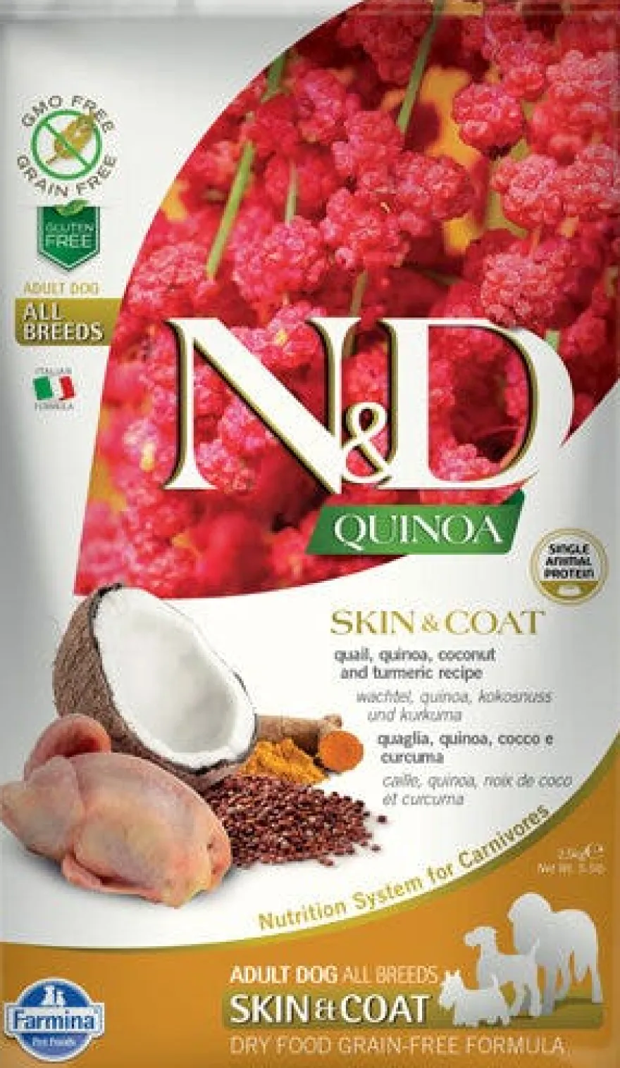 Farmina Natural & Delicious All Breed Quinoa Skin & Coat Quaglia Grain Free Cibo Secco Per Cani 2,5kg