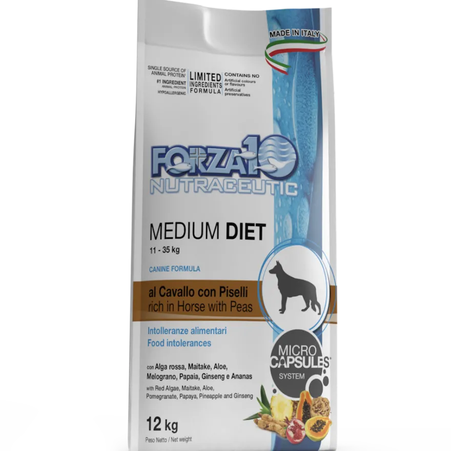Forza10 Medium Diet Crocchette Al Cavallo Con Piselli Per Cani Adulti Taglia Media Sacco 12kg