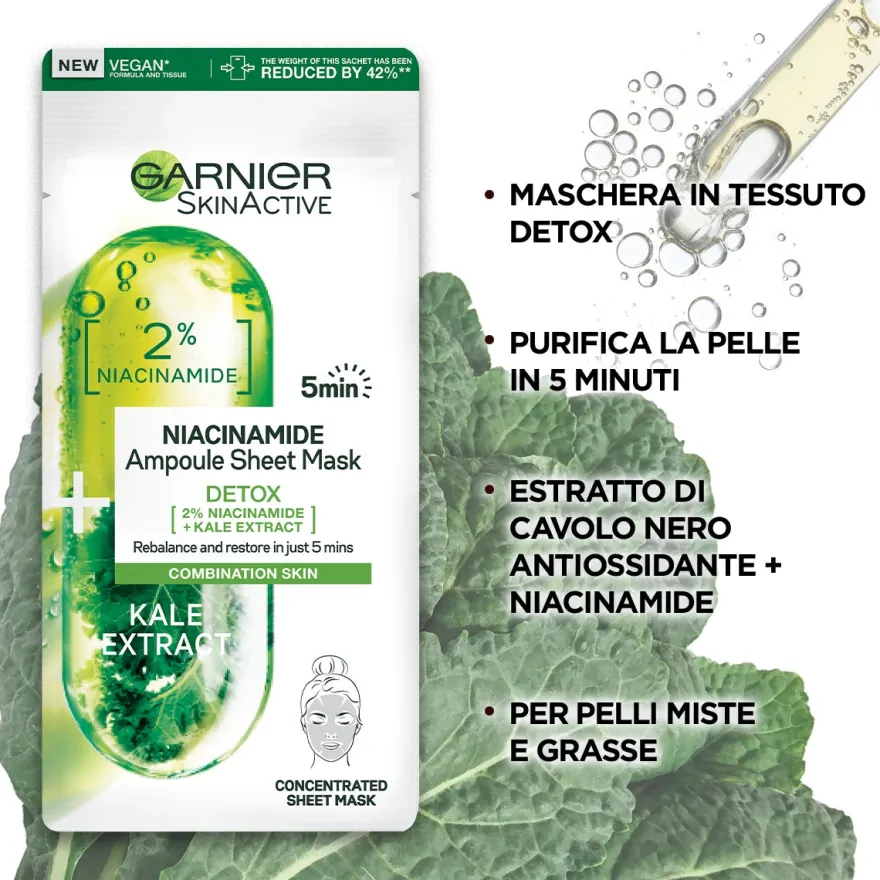 Garnier Maschera In Tessuto Ampolla Detox Estratto Cavolo Nero/Niacinamide 1 Pezzo