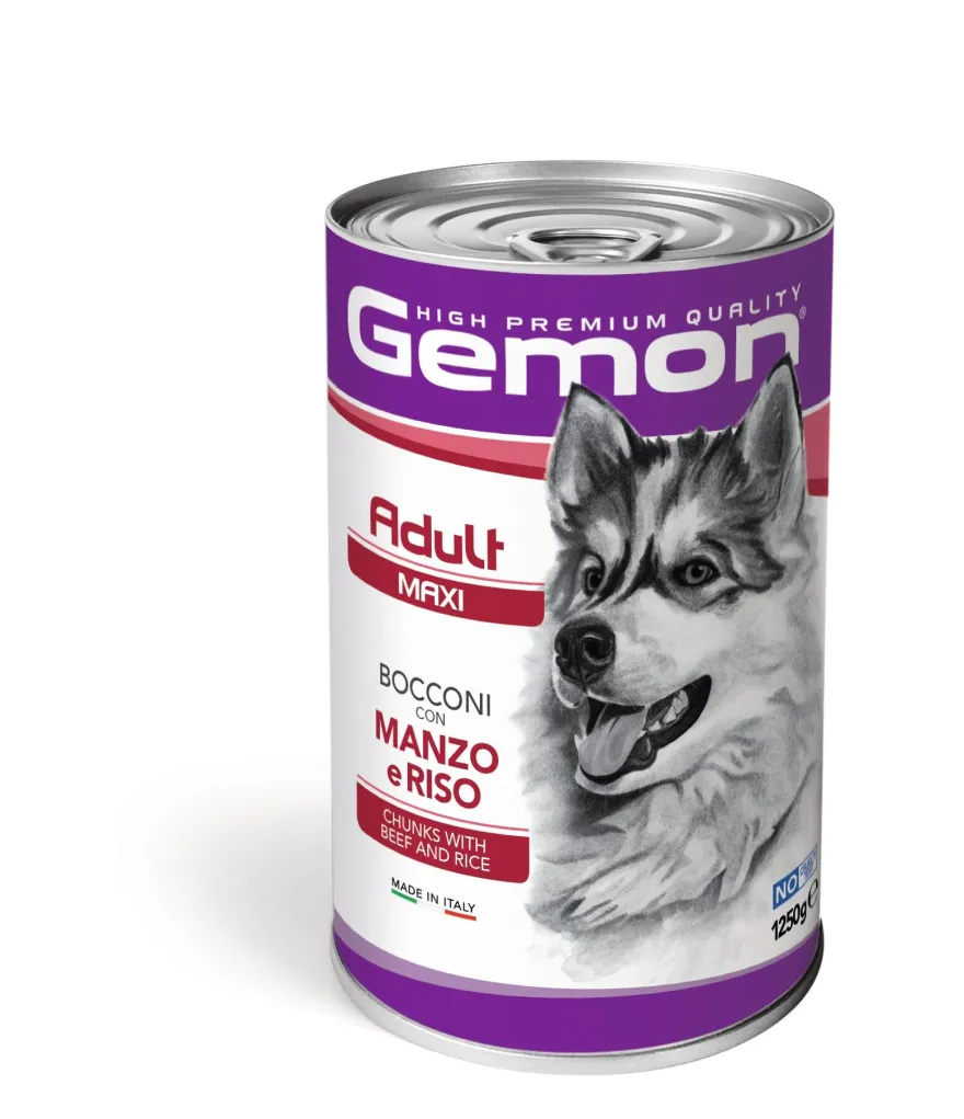 Gemon Bocconi Manzo E Riso Cibo Umido Cani Adulti Taglia Grande Barattolo 1,25 Kg