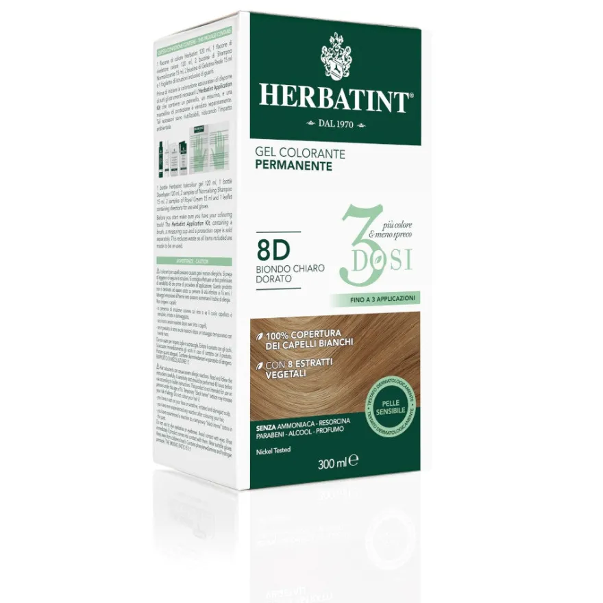 Herbatint Tintura Per Capelli Gel Permanente 8D Biondo Chiaro Dorato 3 Dosi 300ml
