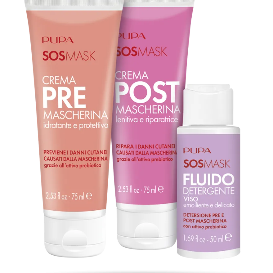 Kit Sos Mask Crema Pre Mascherina 75ml + Crema Post Mascherina 75ml + Fluido Detergente 50ml