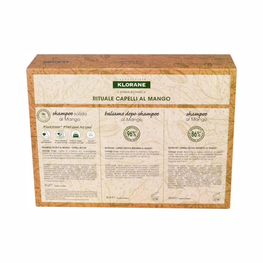 Klorane Cofanetto Rituale Capelli Secchi al Mango Shampoo 100ml + Balsamo 50ml + Shampoo Solido 80g