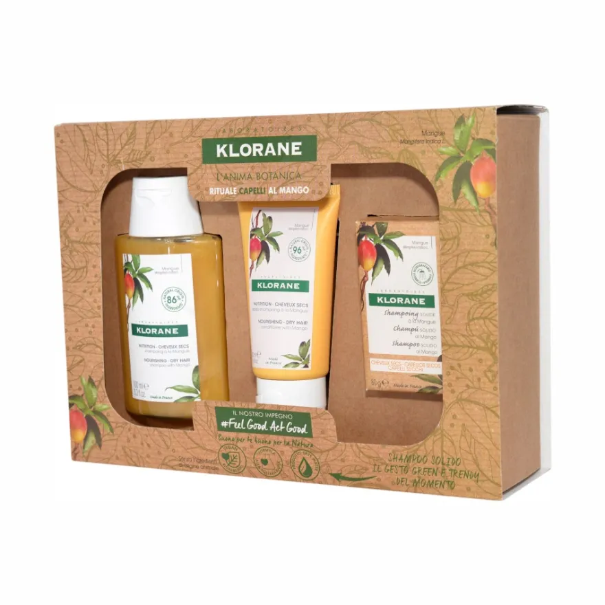 Klorane Cofanetto Rituale Capelli Secchi al Mango Shampoo 100ml + Balsamo 50ml + Shampoo Solido 80g