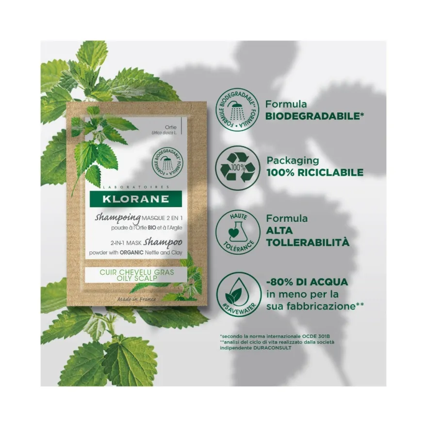 Klorane Shampoo Maschera Lavante 2 In1 Polvere Ortica E Argilla Bio Cuoio Capelluto Grasso 8X3g