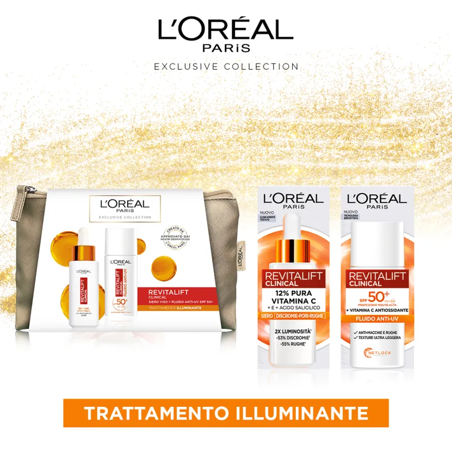 L'Oréal Paris Pochette Revitalift Clinical con Siero Viso+Fluido Anti-UV SPF 50+Routine Illuminante con Vitamina C 30 ml+50 ml