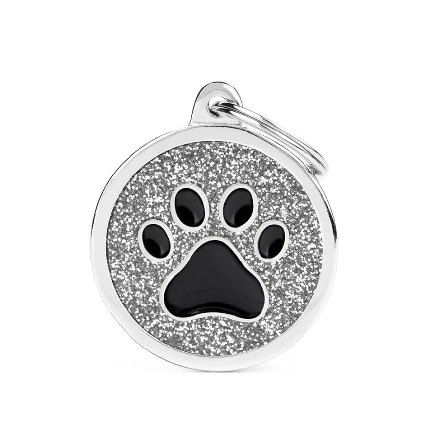 Medaglietta Per Cani E Gatti Personalizzata Cerchio Glitter Con Zampa Nera Taglia Grande