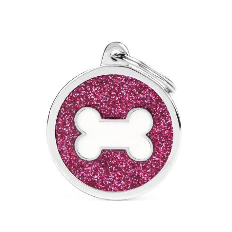 Medaglietta Per Cani E Gatti Personalizzata Osso In Alluminio Cerchio Grande Con Glitter Rosa E Osso Bianco