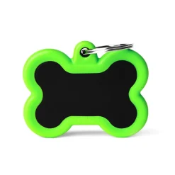 Medaglietta Per Cani E Gatti Personalizzata Osso In Alluminio Nero Con Gomma Verde