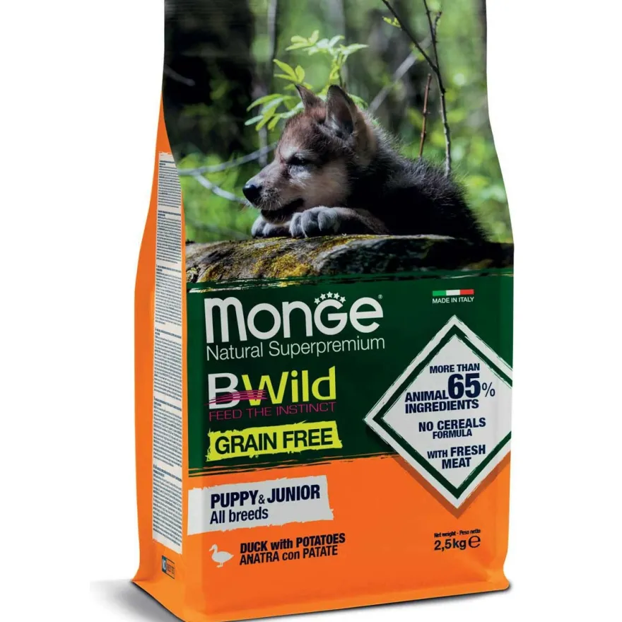 Monge B Wild Grain Free Anatra Con Patate Cibo Secco Per Cani Cuccioli Sacco 2,5 Kg