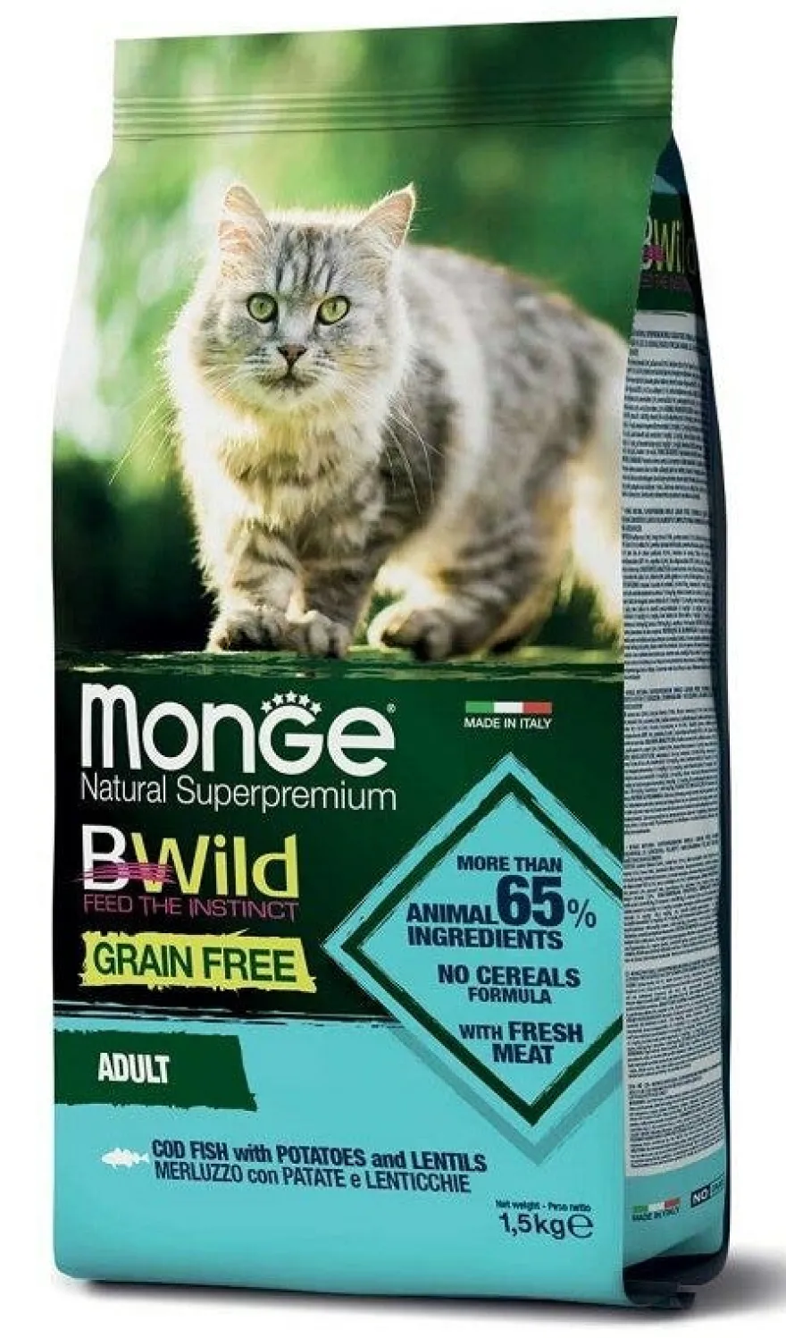 Monge B Wild Grain Free Con Merluzzo Patate Lenticchie Cibo Secco Gatti Adulti Sacco 1,5 Kg