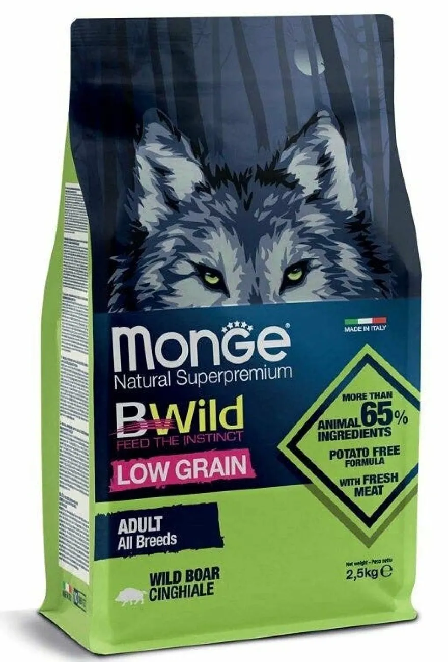 Monge B Wild Low Grain All Breeds con Cinghiale Cibo Secco Per Cani Adulti Sacco 2,5 Kg