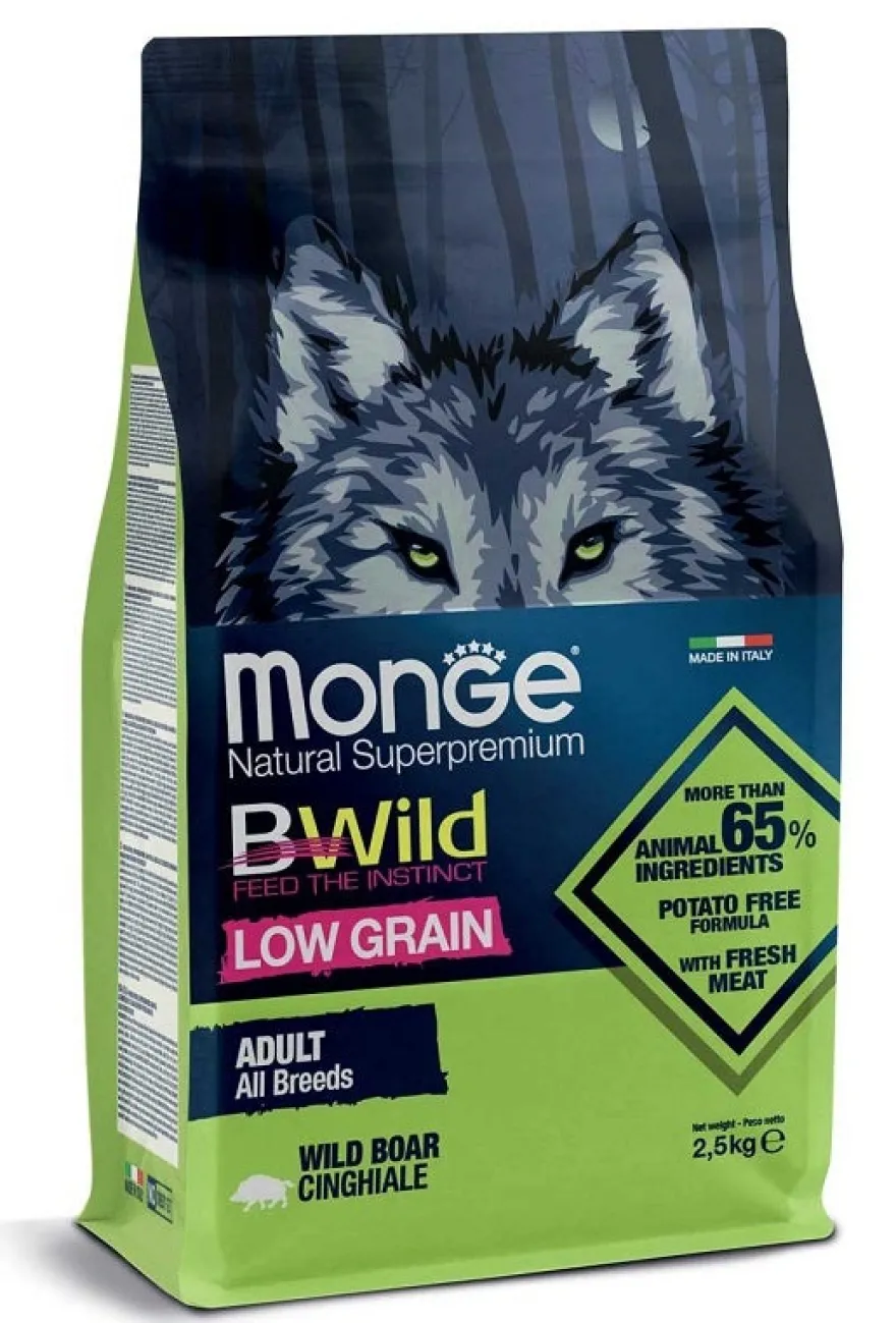 Monge B Wild Low Grain All Breeds con Cinghiale Cibo Secco Per Cani Adulti Sacco 2,5 Kg