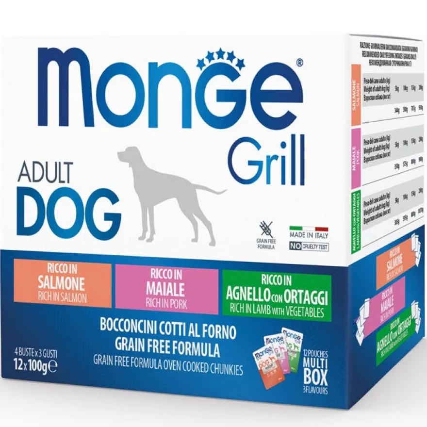 Monge Grill Adult Multibox Mix Salmone Maiale Agnello Cibo Umido Per Cani Adulti 12 Bustine