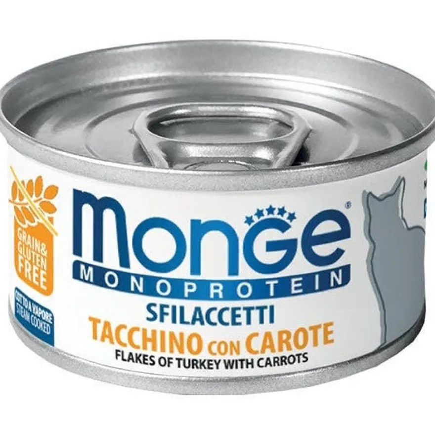 Monge Monoprotein Sfilaccetti Tacchino Con Carote Cibo Umido Per Gatto Adulto 80g