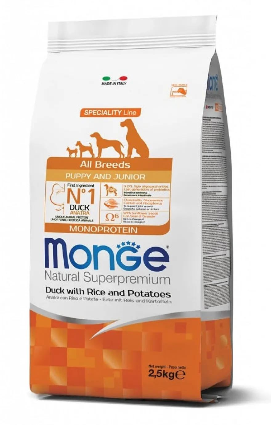 Monge Natural Superpremium All Breeds Anatra con Riso e Patate Cibo Secco Cani Cuccioli Sacco 2,5 Kg