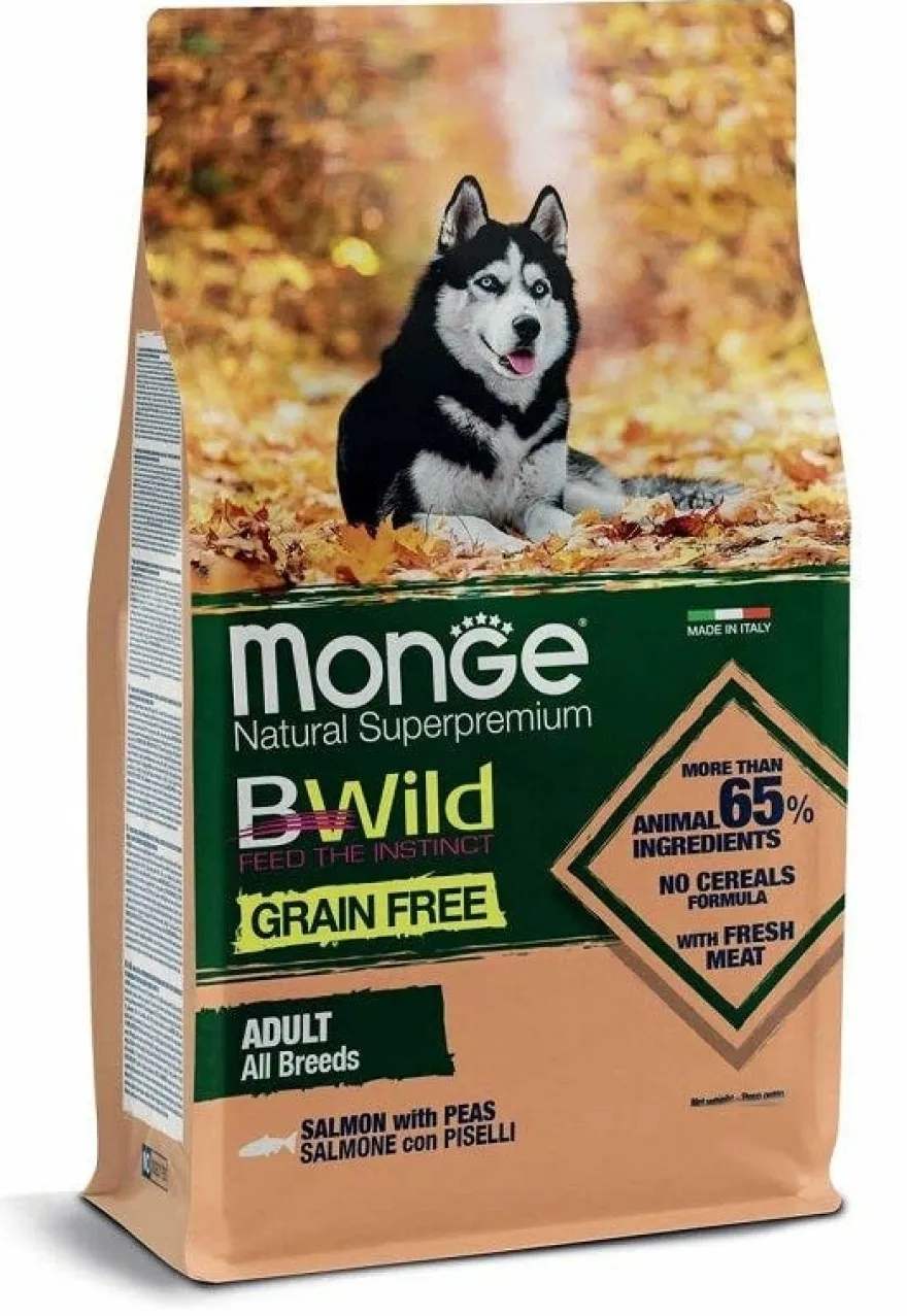 Monge Natural SuperPremium Grain Free Formula All Breeds Gusto Salmone Con Piselli Cibo Secco Cani Adulti Sacco 12kg