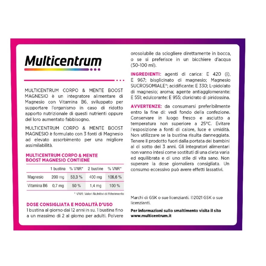 Multicentrum Boost Magnesio Integratore Alimentare Vitamina B6 Magnesio Pidolato Stanchezza 30 Bustine